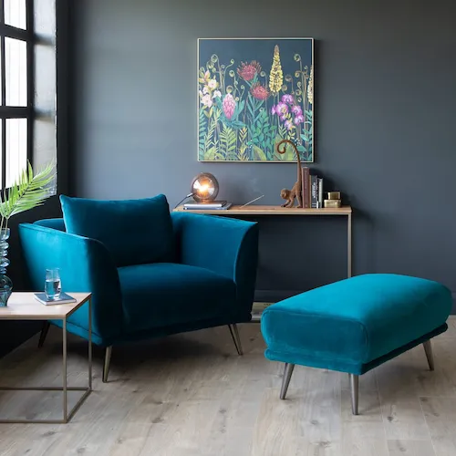 Katie teal velvet armchair and footstool from EZ Living Furniture.