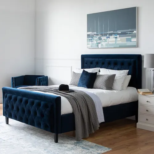 Majestic Blue velvet bed frame from EZ Living Furniture.
