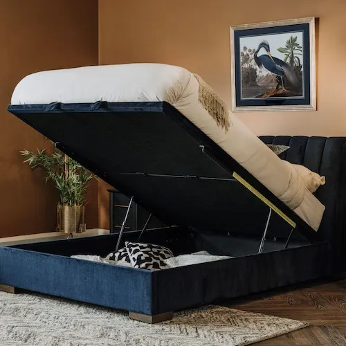 Lancelot Petrol Blue Fabric Ottoman Bed at EZ Living Furniture.